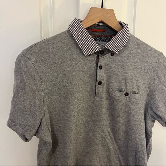 Ted Baker Men’s Grey polo with plaid Collar detail Size 4 or Large - Picture 2 of 13